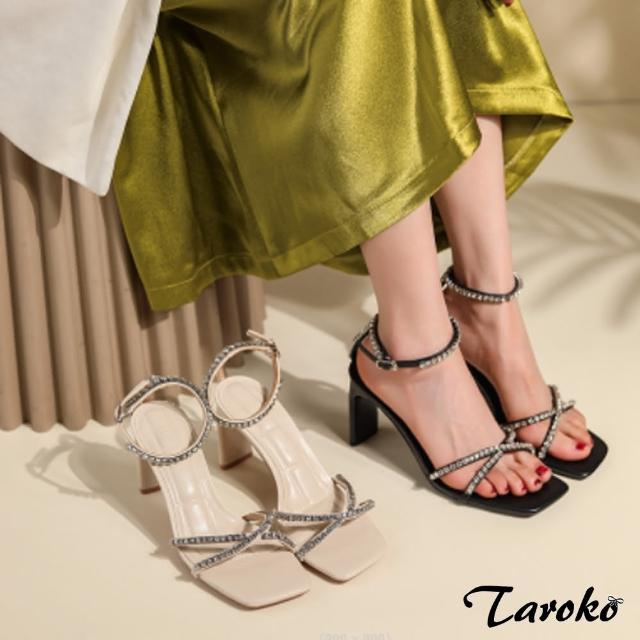 【Taroko】華麗水鑽交叉一字扣高跟涼鞋(2色可選)
