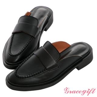 【Grace Gift】車線細節尖頭低跟休閒穆勒鞋(黑)