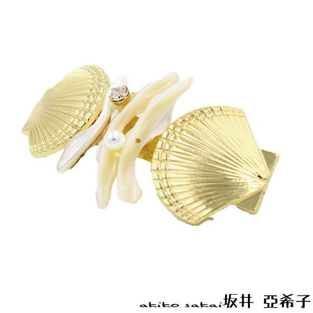 【Akiko Sakai】貝殼珊瑚珍珠鑲鑽髮夾 金色(生日 送禮 禮物)