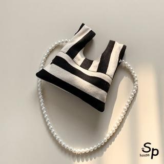 【Sp house】黑白條紋帆布珍珠鍊手提包斜背包側肩包(黑白色)