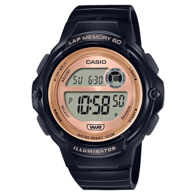 【CASIO 卡西歐】圈速記錄跑步運動休閒錶-黑X玫瑰金框(LWS-1200H-1A)
