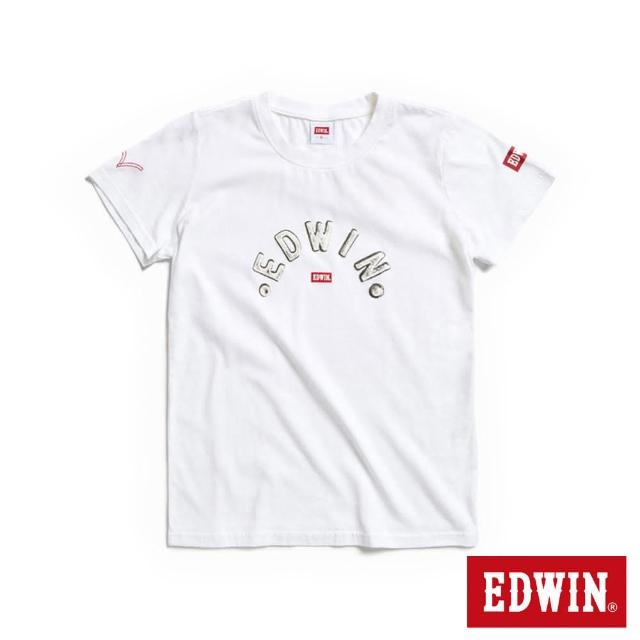 【EDWIN】女裝 紅標金屬字LOGO短袖T恤(米白色)