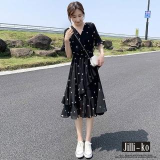 【JILLI-KO】買一送一 夏季雪紡波點碎花收腰顯瘦氣質連衣裙-L/XL(黑/杏)