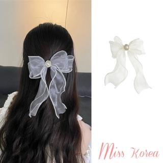 【MISS KOREA】珍珠髮夾 蝴蝶結髮夾/浪漫珍珠氣質網紗蝴蝶結造型髮夾(2色任選)