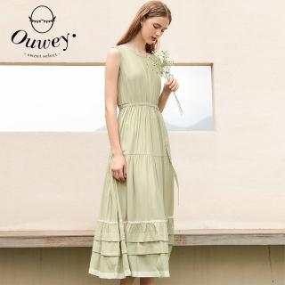【OUWEY 歐薇】清新綠造型無袖腰帶蛋糕魚尾裙洋裝(淺綠色；S-L；3222397540)