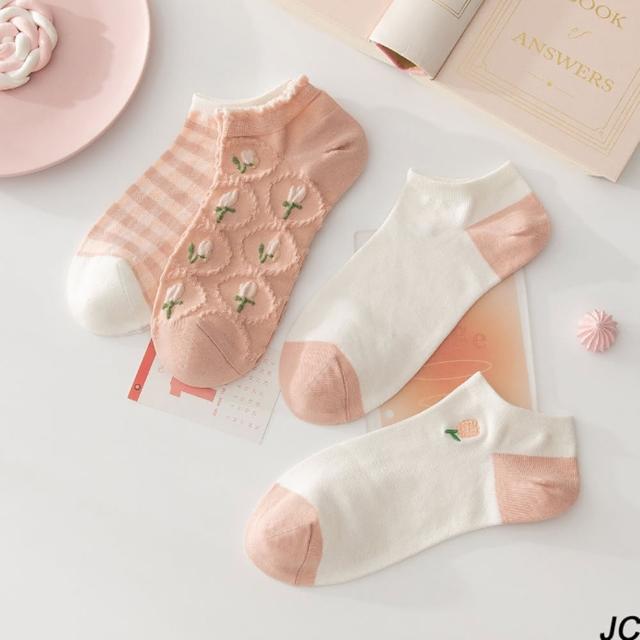 【JC Collection】日系甜美透氣棉清新柔和小花刺繡船型襪3雙1組(船型襪)