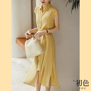 【初色】淡雅綁帶連身連衣裙長洋裝-淡黃色-62066(M-XL可選)