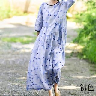 【初色】涼爽透氣復古棉麻風印花連衣裙洋裝-藍紫色-62085(M-2XL可選)