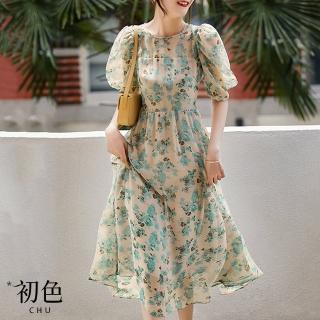 【初色】清新印花五分泡泡袖短袖連衣裙洋裝-青綠色-62017(M-XL可選)