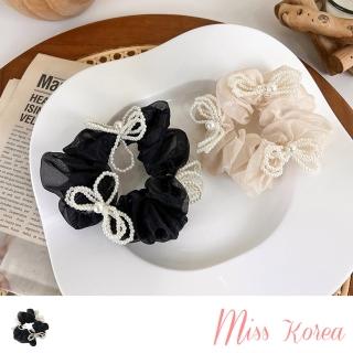 【MISS KOREA】珍珠髮圈 蝴蝶結髮圈/韓國設計法式浪漫薄紗珍珠蝴蝶結造型大腸圈 髮圈(2色任選)