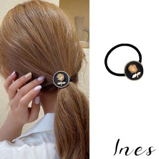【INES】滴釉髮圈 金色髮圈 玫瑰花髮圈/法式滴釉金色玫瑰花圓牌造型髮繩 髮圈(2色任選)