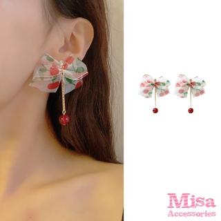 【MISA】韓國設計925銀針櫻桃印花蝴蝶結墜鍊造型耳環(925銀針耳環 櫻桃耳環 蝴蝶結耳環)