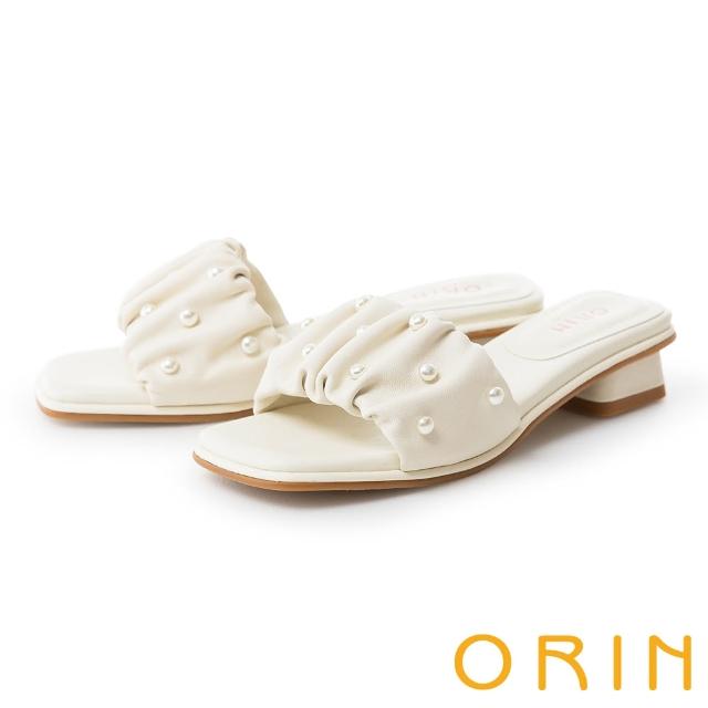 【ORIN】抓皺珍珠羊皮低跟拖鞋(白色)