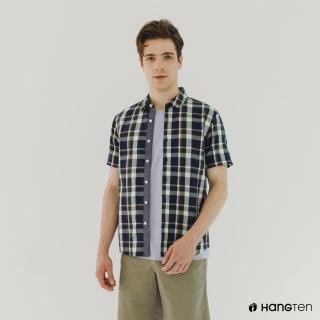 【Hang Ten】男裝-棉麻格紋短袖襯衫(綠)