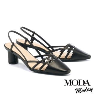 【MODA Moday】優雅編織繫帶羊皮方圓頭高跟涼鞋(黑)