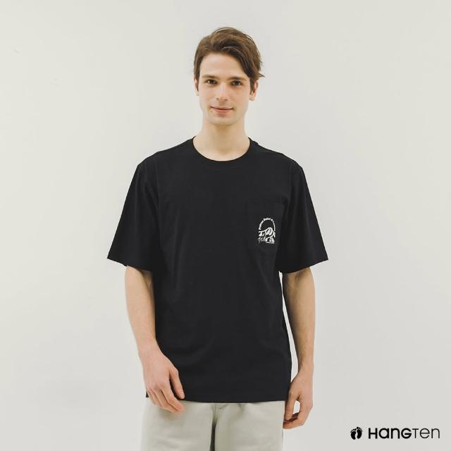 【Hang Ten】男裝-純棉台灣山岳印花口袋短袖T恤(黑)