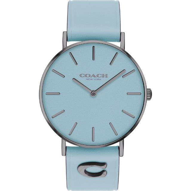 【COACH】Perry 品牌C字皮錶帶女錶-鐵灰x藍(CO14503923)