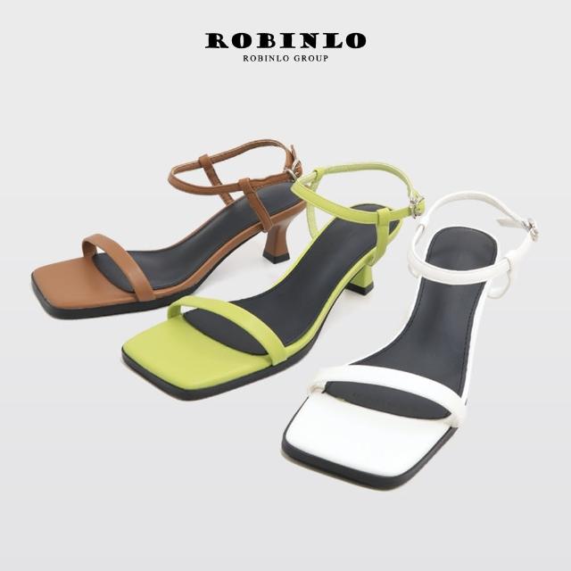 【Robinlo】法式氣質一字帶方頭中跟涼鞋COMPTON(綠色/棕色/米白色)
