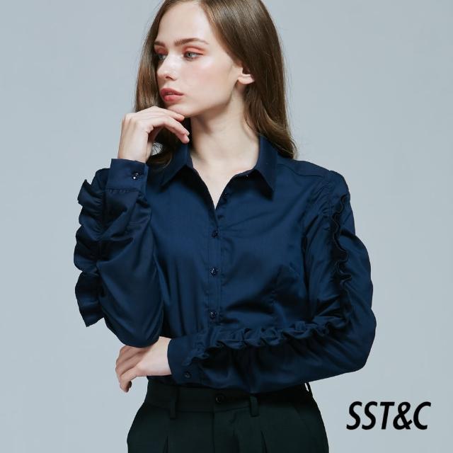 【SST&C 出清２折】深藍色荷葉邊袖襯衫7671809002