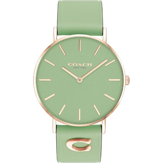 【COACH】Perry 品牌C字皮錶帶女錶-玫瑰金x萊姆綠 母親節禮物(CO14503921)