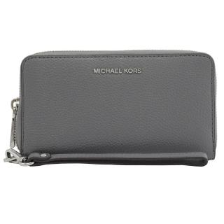 【Michael Kors】新版金屬LOGO手提式拉鍊手機袋零錢中夾(鐵灰)