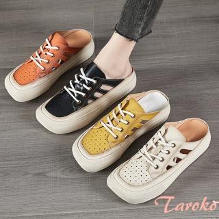 【Taroko】設計方頭復古洞洞真皮半拖休閒涼鞋(4色可選)