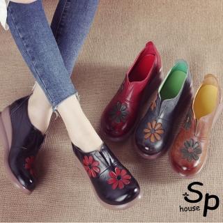 【Sp house】復古刷色花朵真少皮牛津底坡跟圓頭鞋(4色可選)