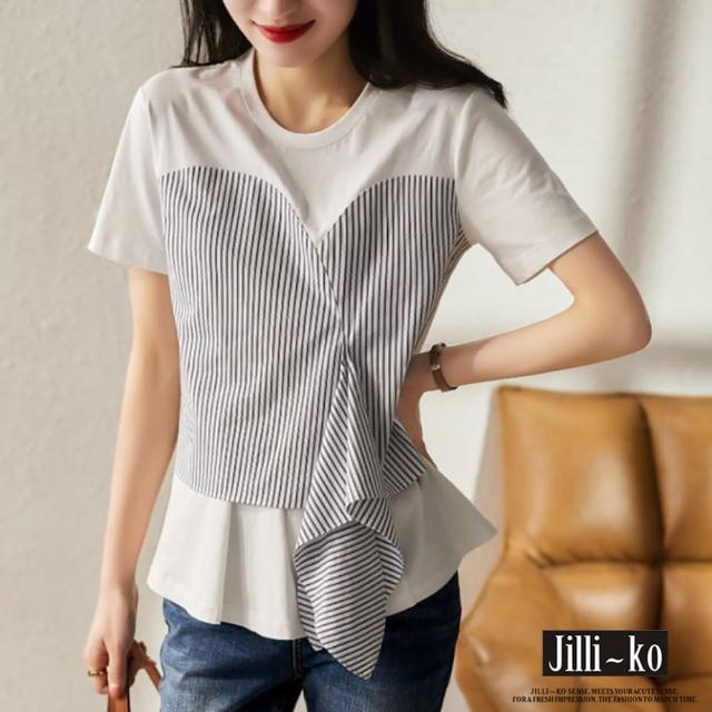 【JILLI-KO】買一送一 夏季新款韓版設計感不規則拼接條紋打結短袖T恤-F(白)