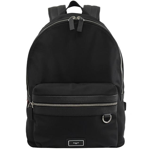 【BALLY】簡約品牌LOGO厚尼龍前口袋手提旅用包後背包(黑 大款)