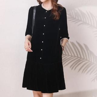 【FQ 時尚天后】透白花邊領排釦素黑絲絨洋裝(中大尺碼/S-3XL)