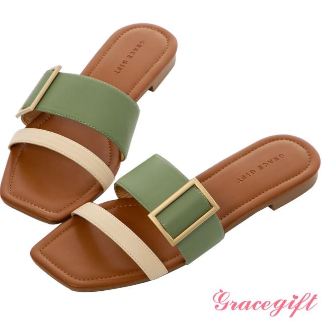 【Grace Gift】一字雙帶方釦平底拖鞋(綠)