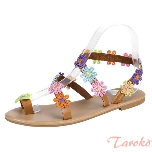 【Taroko】七彩花漾夏日羅馬套趾平底涼鞋(棕色)