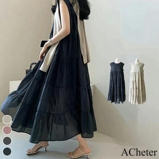 【ACheter】韓版雪紡拼接純色蛋糕寬鬆無袖長版背心洋裝#112910(4色)