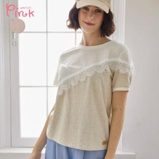【PINK NEW GIRL】唯美蕾絲斜拼接短袖T恤 L3304WD(2色)