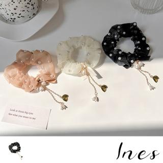 【INES】花朵髮圈 流蘇髮圈/法式優雅甜美珍珠鈴蘭花朵流蘇造型大腸圈 髮圈(3色任選)