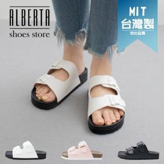 【Alberta】MIT台灣製 2.5cm拖鞋 休閒百搭雙扣帶 皮革平底圓頭涼拖鞋
