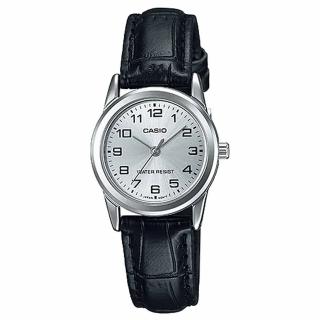 【CASIO 卡西歐】銀色浪潮大三針皮革腕錶/黑x銀框(LTP-V001L-7B)