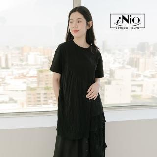 【iNio 衣著美學】夏新品 短袖上衣 現貨 異材質拼接不對稱上衣(C2W1085)