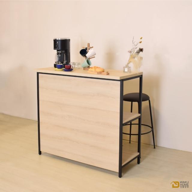 【WAKUHOME 瓦酷家具】Alex輕簡風4尺開放式收納高中島桌+2張咖啡皮吧台椅 B001-B604-2