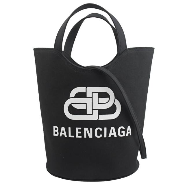 【Balenciaga 巴黎世家】經典品牌BB LOGO個性帆布手提水桶包兩用包(黑 大款)