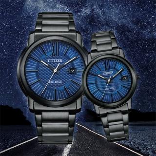 【CITIZEN 星辰】光動能情侶手錶 對錶-海軍藍 送行動電源(AW1217-83L+FE6017-85L)
