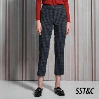 【SST&C 最後65折】羊毛混紡深藍格紋俐落修身西裝褲7262112008