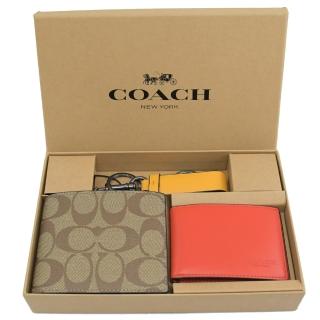 【COACH】經典C LOGO短夾證件名片夾鑰匙圈三合一禮盒組(駝紅黃)