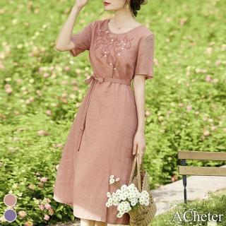 【ACheter】日式皇家繡花純色棉麻洋裝#112957現貨+預購(2色)
