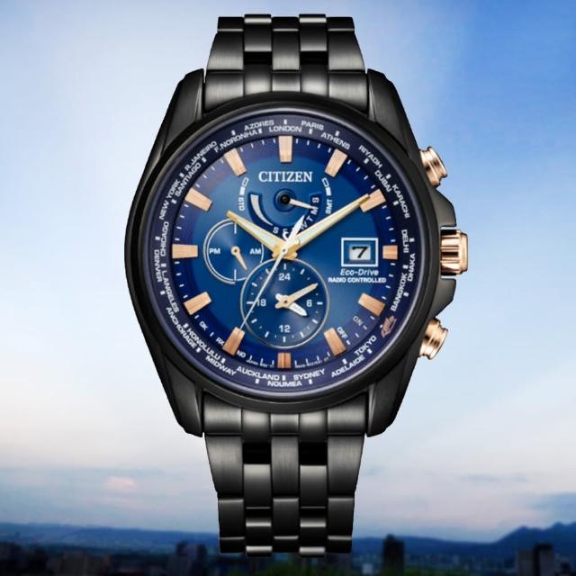【CITIZEN 星辰】GENTS限量款 光動能電波對時三眼黑鋼腕錶-藍面44mm(AT9126-82L 台灣25週年限定款)