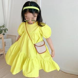 【橘魔法】斜邊下擺螢光黃襯衫棉洋裝 (連衣裙 連身裙 短袖洋裝 女童 童裝 兒童)