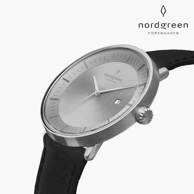 【Nordgreen 官方直營】Philosopher 哲學家 月光銀系列 極夜黑指針真皮錶帶手錶 40mm