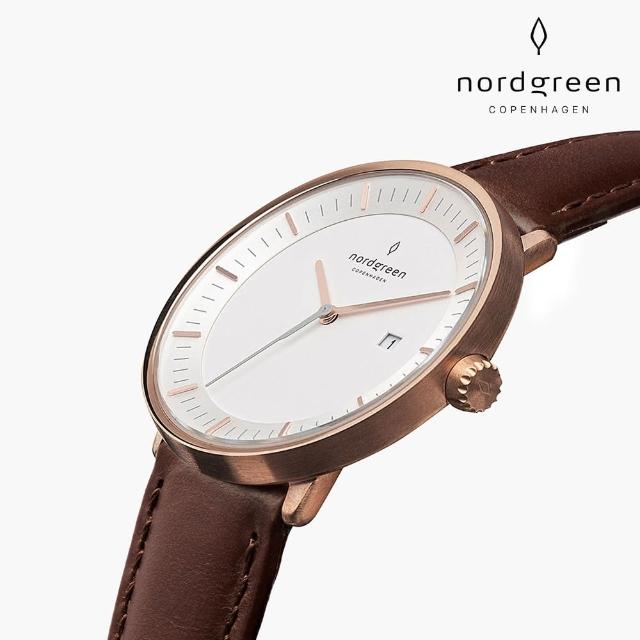 【Nordgreen 官方直營】Philosopher 哲學家 玫瑰金系列 復古棕指針真皮錶帶手錶 40mm
