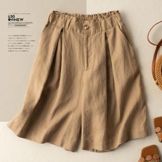 【慢。生活】荷葉邊設計復古文藝寬版棉麻短褲-L/XL(綠/卡)