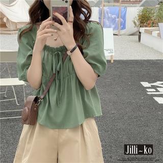 【JILLI-KO】夏季新款設計感方領繫帶娃娃衫百搭上衣-F(粉/綠)